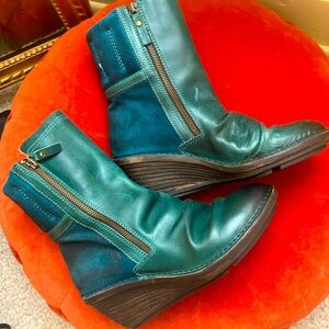FLY London SIMI teal turquoise blue green leather  suede boots wedge heel 9 40